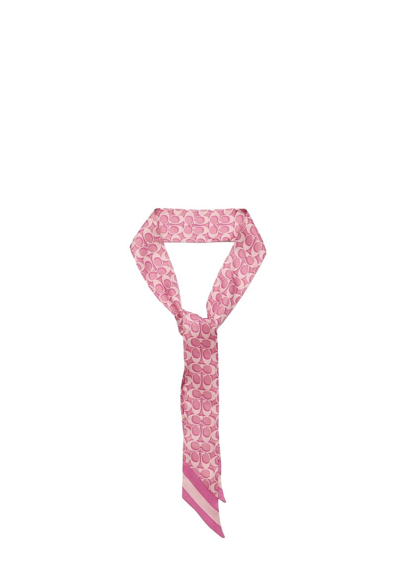 Sidenhalsduk i rosa med cirkulära mönster, med en enfärgad rosa rand längst ner, lätt och mjuk textur.