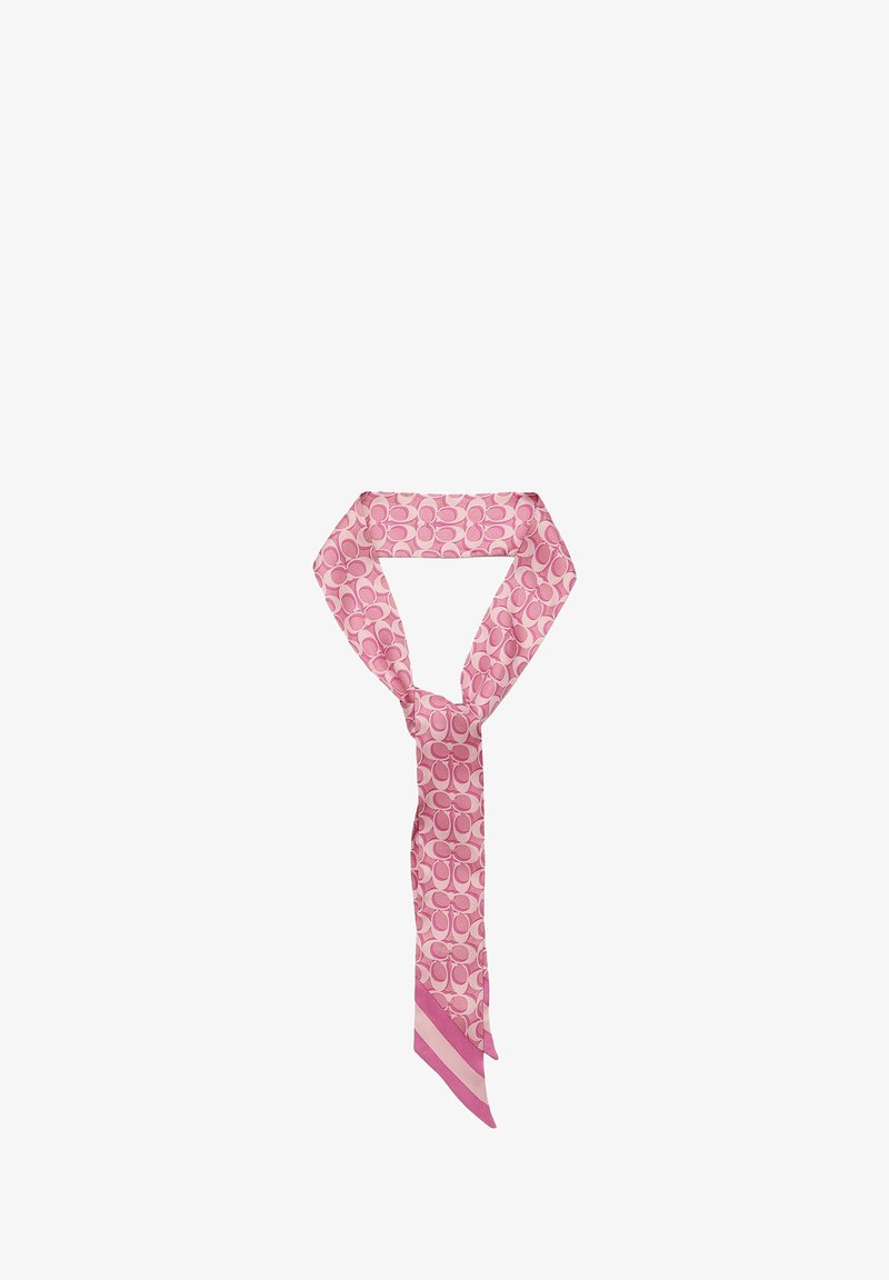 Écharpe en soie rose avec des motifs circulaires, présentant une bande rose unie en bas, texture légère et lisse.