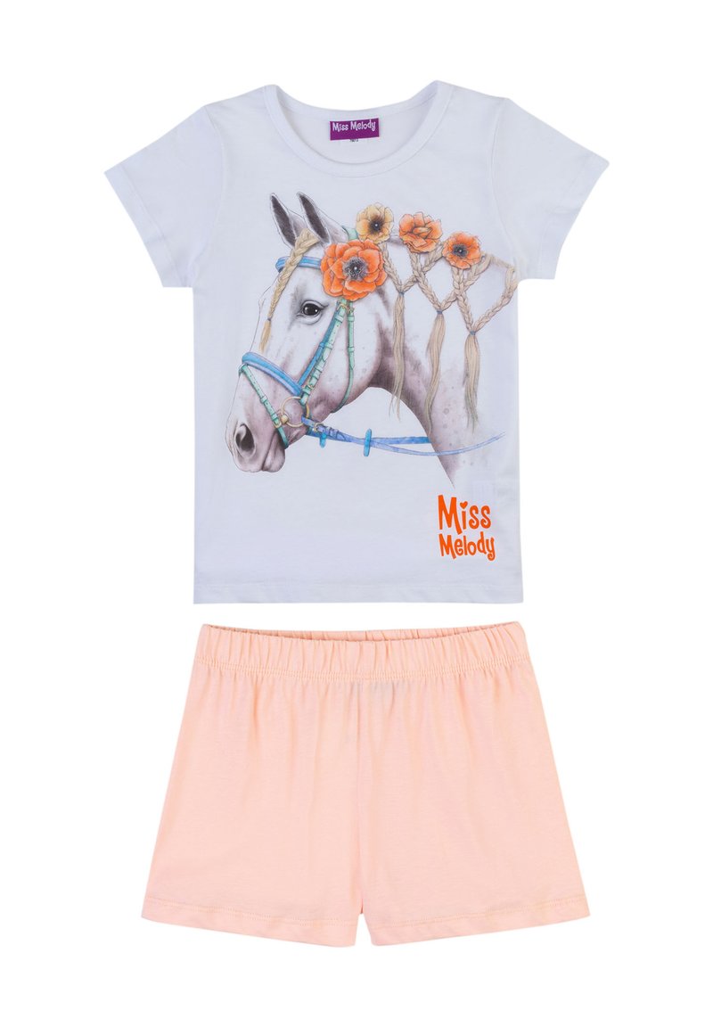 T-shirt bianco in cotone con grafica di un cavallo, fiori arancioni e testo "Miss Melody", abbinato a pantaloni corti in cotone pesco con elastico in vita.