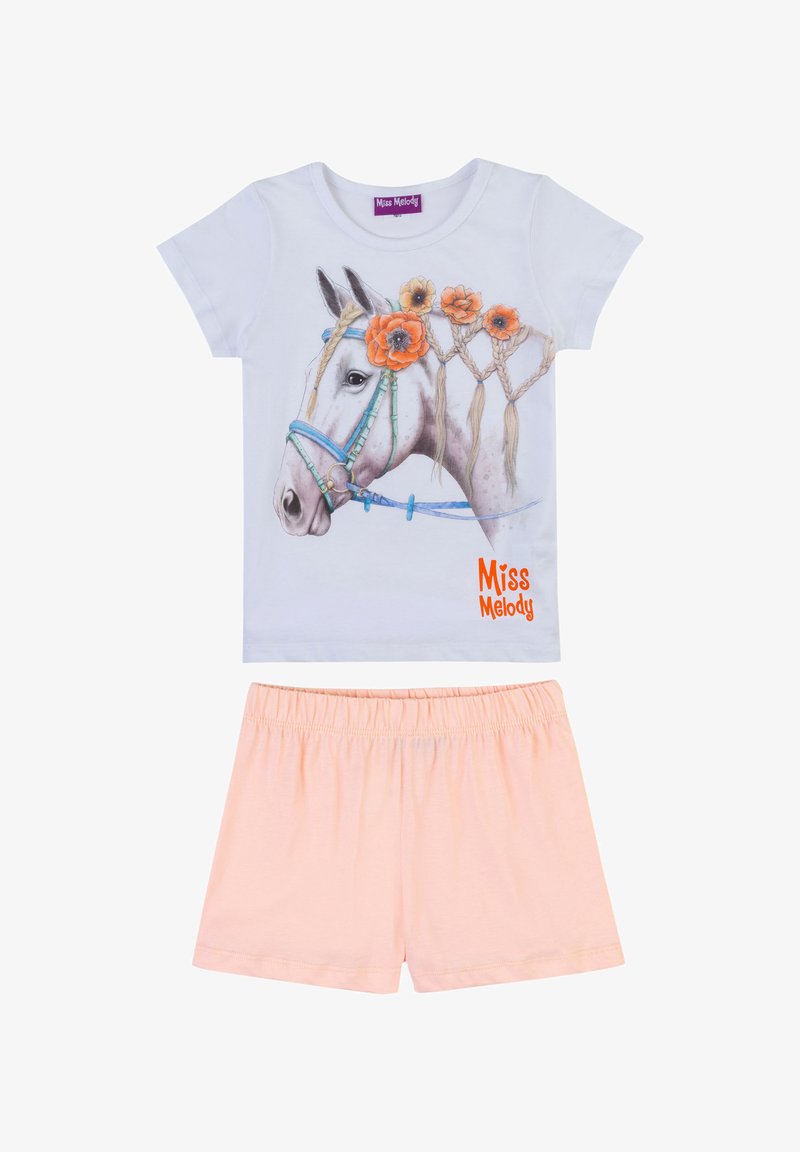 White cotton T-shirt with horse graphic, orange flowers, and "Miss Melody" text, paired with peach cotton shorts with elastic waistband.