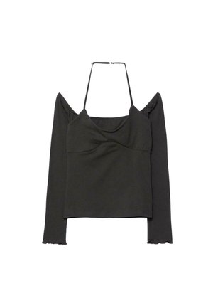 Crna dugačka majica bez ramena s tankim halter trakama i blago naboranim manšetama.