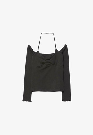 Haut noir à épaules dénudées à manches longues avec fines bretelles halter et poignets légèrement volantés.