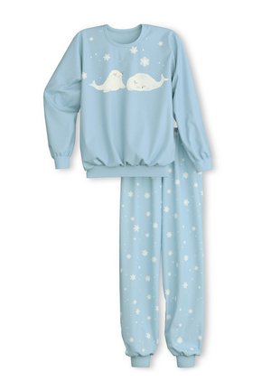 Helles blaues Schlafanzugset aus weichem Stoff. Enthält ein langärmliges Oberteil mit einem Walfischmotiv und Sternenmuster; mit elastischen Bündchen und Bund.