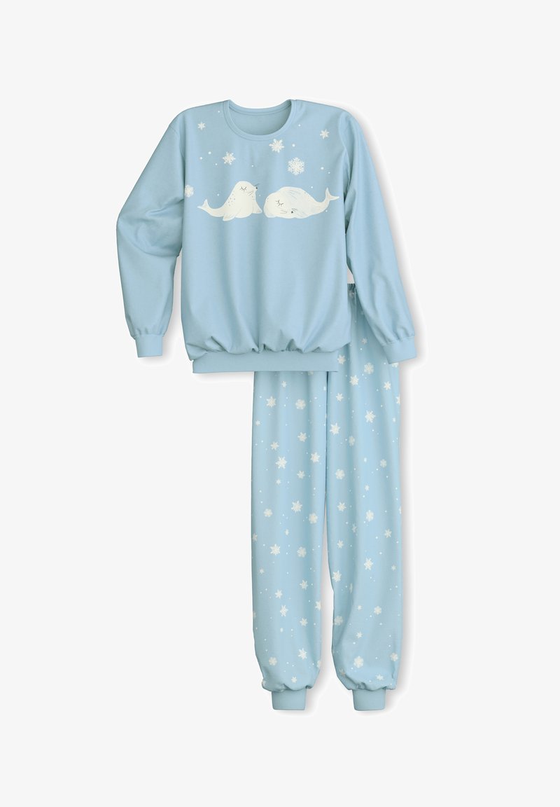 Light blue pajama set made of soft fabric. Features long-sleeve top with whale graphic and star pattern; elastic cuffs and waist.