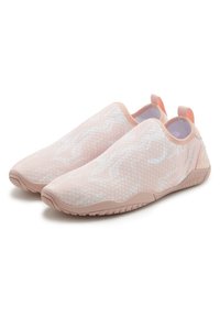Light pink slip-on shoes with a textured mesh upper and a patterned design. Rubber sole with small grip details and rear pull tab.