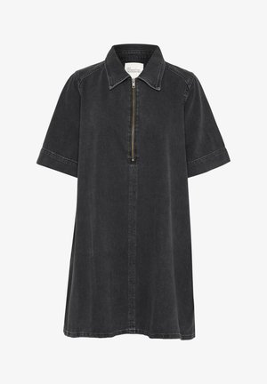Short black denim dress with a collar, short sleeves, and a front zip closure. Features a straight cut and visible stitching details.