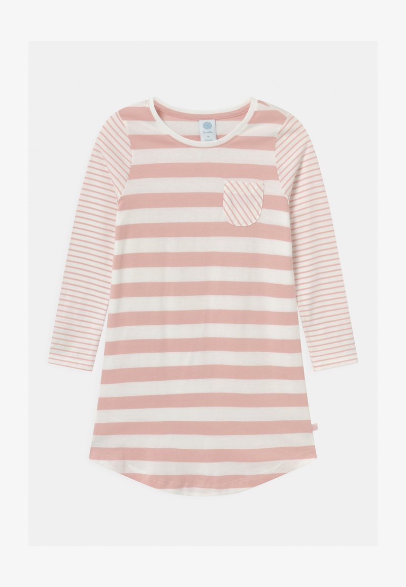 Long-sleeve, pink and white striped shirt with a round neck and a small pocket on the left chest, made from soft fabric with a curved hem.