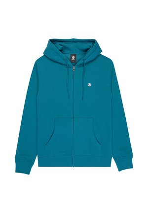 Turkusowa bluza z kapturem zapinana na zamek, z przednimi kieszeniami, regulowanym kapturem na sznurki, ściągaczami na rękawach oraz małym okrągłym logo na lewej piersi.