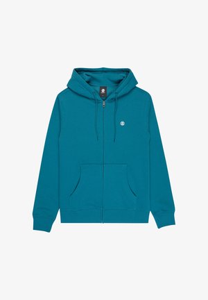 Sudadera con capucha y cremallera en color verde azulado, con bolsillos delanteros, capucha con cordón, puños acanalados y pequeño logo circular en el pecho izquierdo.