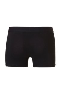 Boxer shorts noirs en tissu lisse et extensible. Dotés d'une large ceinture élastique et d'une coupe de jambe courte aux bords nets.