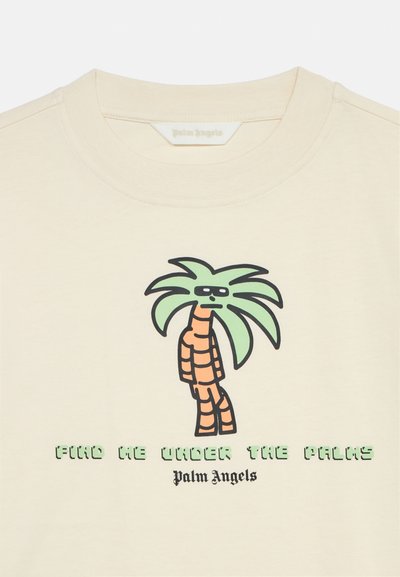Off-white T-shirt with a cartoon palm tree wearing sunglasses and text "FIND ME UNDER THE PALMS" and "Palm Angels" below the image.