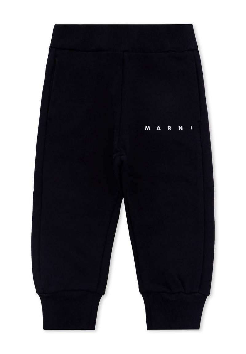 Czarne dresowe spodnie z bawełny z elastycznym pasem, bocznymi kieszeniami i białym logo "MARNI" z przodu. ściągacze na kostkach. Miękka faktura.