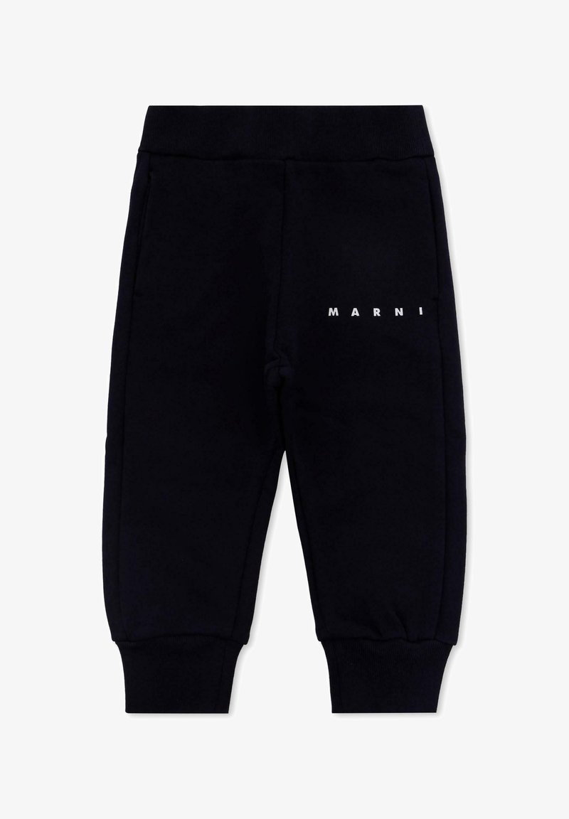 Czarne dresowe spodnie z bawełny z elastycznym pasem, bocznymi kieszeniami i białym logo "MARNI" z przodu. ściągacze na kostkach. Miękka faktura.