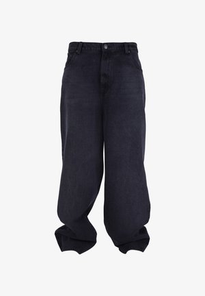 Sorte oversized løstsiddende jeans med knap- og lynlåsfrontlukning, forlommer og løse, brede ben.
