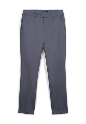 Pantaloni grigi su misura con una texture liscia, vita media, due tasche frontali e un design slim fit. Nessun motivo o hardware visibile.