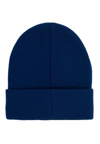 Ciemnoniebieska czapka dzianinowa z prążkowaną teksturą i podwiniętym mankietem, z bezszwowym wierzchem i jednolitym grubym w całej długości.