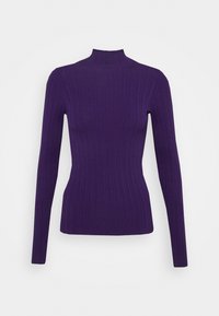 Lila ribbad långärmad polotröja med smal passform och texturerad tyg, med hög krage och inga ytterligare utsmyckningar.