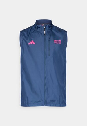 Navy running vest made of lightweight material, featuring a high collar, full zip, pink Adidas logo, and "BMW Berlin Marathon" branding.