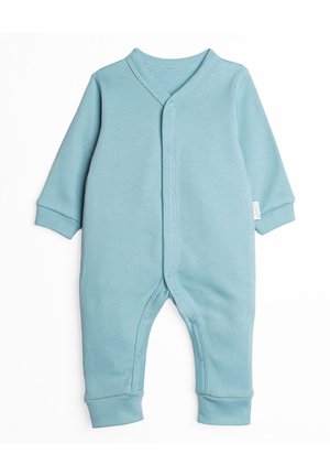 Miękki, niebieski, długi rękaw body niemowlęce z zatrzaskami z przodu i na nogawkach, ściągaczami przy mankietach oraz dekoltem w szpic.