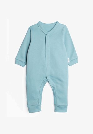 Miękki, niebieski, długi rękaw body niemowlęce z zatrzaskami z przodu i na nogawkach, ściągaczami przy mankietach oraz dekoltem w szpic.