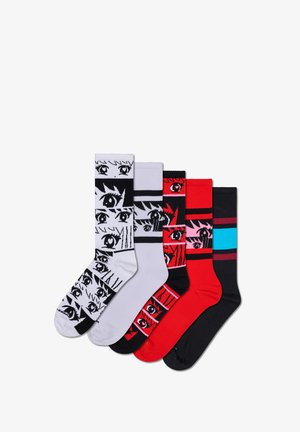 Pack of four socks, featuring a mix of colors: white, black, red, and a blue accent. Patterns include stylized eyes and horizontal stripes.