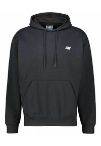 Felpa nera in misto cotone, con tasca a marsupio frontale, cappuccio regolabile con lacci e un piccolo logo bianco sul petto.