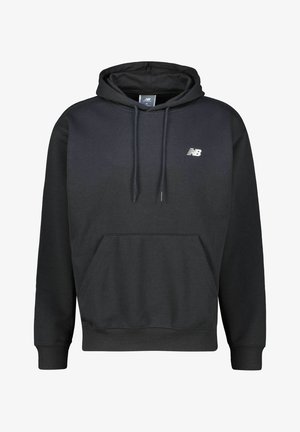 Svart hoodie i bomullsblandning, med en framfickor av typ kanguruficka, dragsko i huvan och en liten vit logotyp på bröstet.