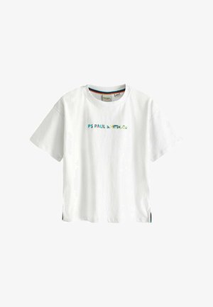 T-shirt bianco in cotone con maniche corte, caratterizzato da un logo multicolore "PS PAUL SMITH.CO" sul davanti e spacchi laterali all'orlo.