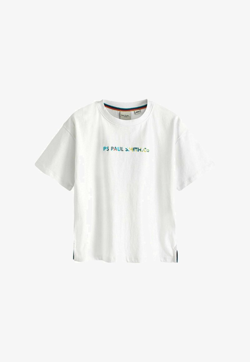 Witte katoenen t-shirt met korte mouwen, voorzien van een meerkleurig "PS PAUL SMITH.CO" logo op de voorkant en zijsplitten aan de onderkant.