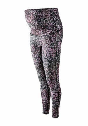 Legginsy ciążowe z wysokim stanem, dopasowane, w różowy, czarny i biały wzór w kropki.