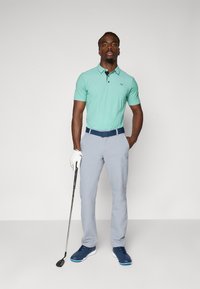 Herren Polo-Shirt in Mintgrün mit kurzen Ärmeln, marineblauen Akzenten, graue Hose, marineblaue Schuhe, hält einen Golfschläger, trägt einen weißen Handschuh.