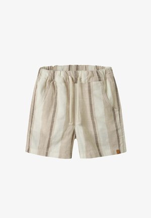 Bézs és fehér, függőlegesen csíkozott pamut rövidnadrág elasztikus derékpánttal, húzózsinórral, oldalzsebekkel és egy kis barna cimkével az alján.