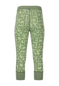 Green cotton leggings featuring a repeating geometric print in varying shades. They have a snug fit with a contrasting cuff at the ankle.