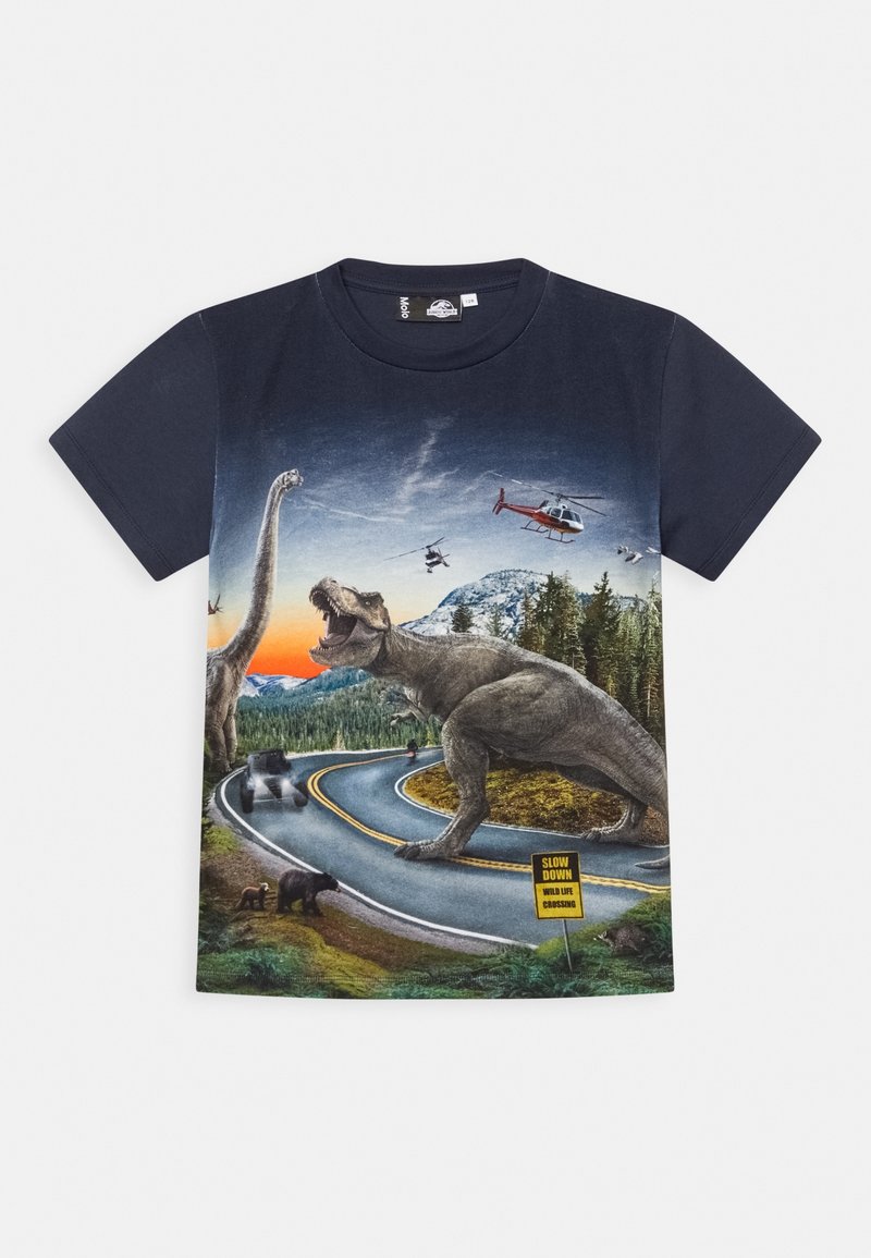 Bavlněné tričko s živou dinosaurí grafikou, tmavě námořnickými rukávy a scenérií silnice s divokou zvěří a vrtulníky.