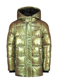 Metallisch groene pufferjack met een capuchon, voorzakken, gequilt ontwerp en zwarte voering. Voorzien van elastische manchetten en een logoaccent.