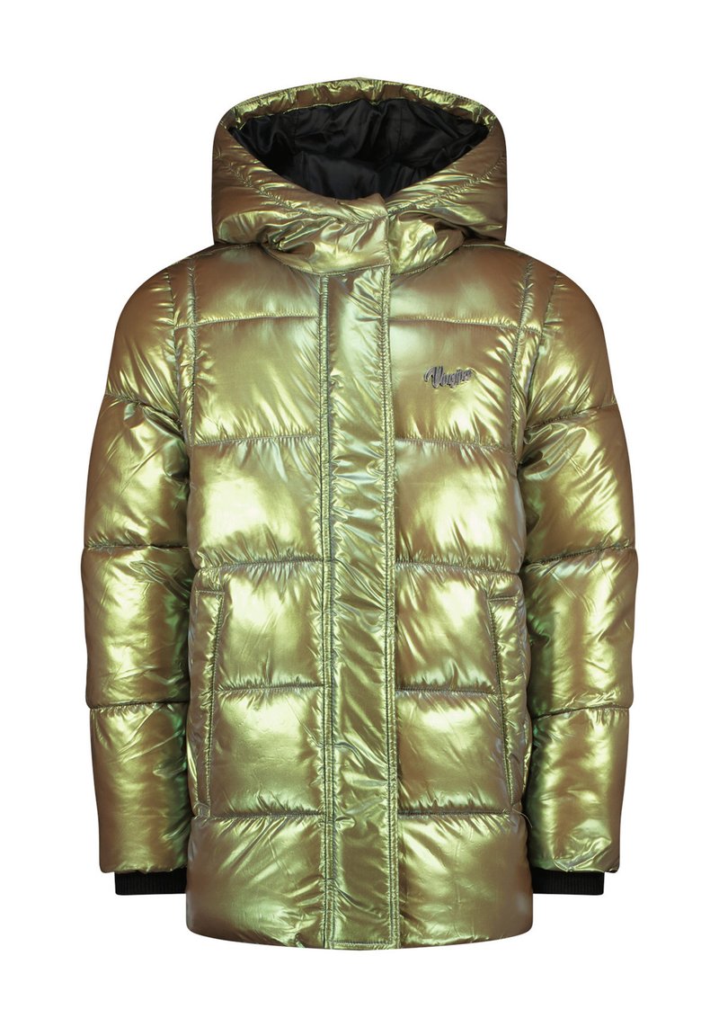 Metallisch groene pufferjack met een capuchon, voorzakken, gequilt ontwerp en zwarte voering. Voorzien van elastische manchetten en een logoaccent.