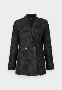 Mustat broderad blazer fleuri-tyyliin, kaksirivinen malli, teksturoitu kangas ja neljä mustaa nappia edessä.