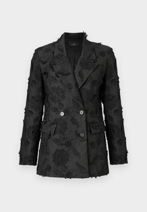 Svart brodert blazer med blomstermønster, dobbeltspent design, strukturert stoff og fire svarte knapper foran.