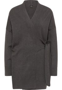 Mörkgrå omslagströja med djup V-ringning, vida ärmar och knytning, med en ribbad nederkant och textil med struktur.