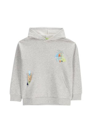 Jasnoszara dziecięca bluza z kapturem z kieszenią z przodu, małym napisem "Vacation Vibes", grafiką palmy, deski surfingowej i wiosła.