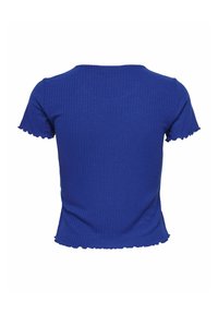 Blå ribbad kortärmad topp med rundad halsringning, med volanger runt ärmsluten och nederkanten för extra textur.