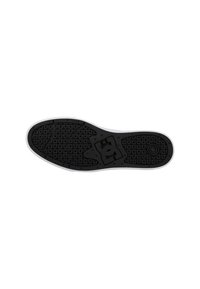 Black rubber sole with a textured grip pattern and white edge. Features a logo in the center, circular accents, and distinct grooves.