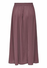 Jupe midi mauve avec taille élastique et plis souples, réalisée en tissu léger texturé.