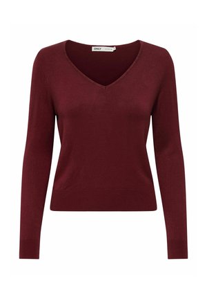 Pull en V bordeaux à manches longues, fabriqué en tissu doux. Présente des poignets et un ourlet côtelés pour une apparence ajustée.