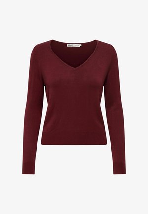 Pull en V bordeaux à manches longues, fabriqué en tissu doux. Présente des poignets et un ourlet côtelés pour une apparence ajustée.