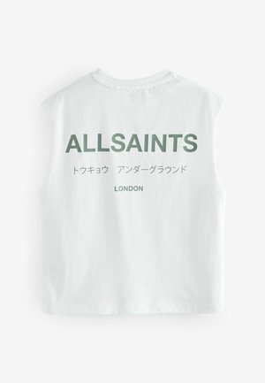 Bela brezrokavna bombažna majica z zelenim napisom "ALLSAINTS" in japonskim besedilom na hrbtni strani. Preprost kroj s krožnim ovratnikom.