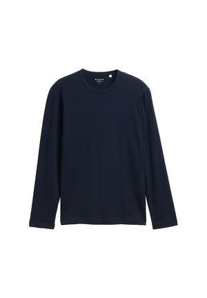 Navy blue long-sleeve t-shirt made of soft cotton, featuring a round neckline and a relaxed fit with no visible patterns or accents.