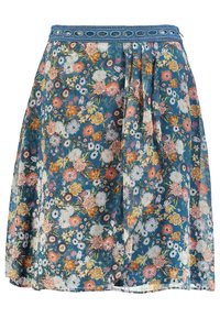 Blomstret A-linje nederdel med en blå broderet talje, prydet med en blanding af orange, pink og hvide blomster på en teal baggrund. Let stof.