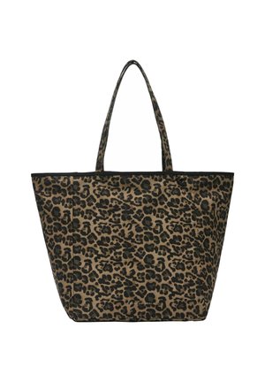 Leopard-Print Einkaufstasche in Braun und Schwarz, mit stabilen Griffen, rechteckiger Form und einem strukturierten Canvas-Material.