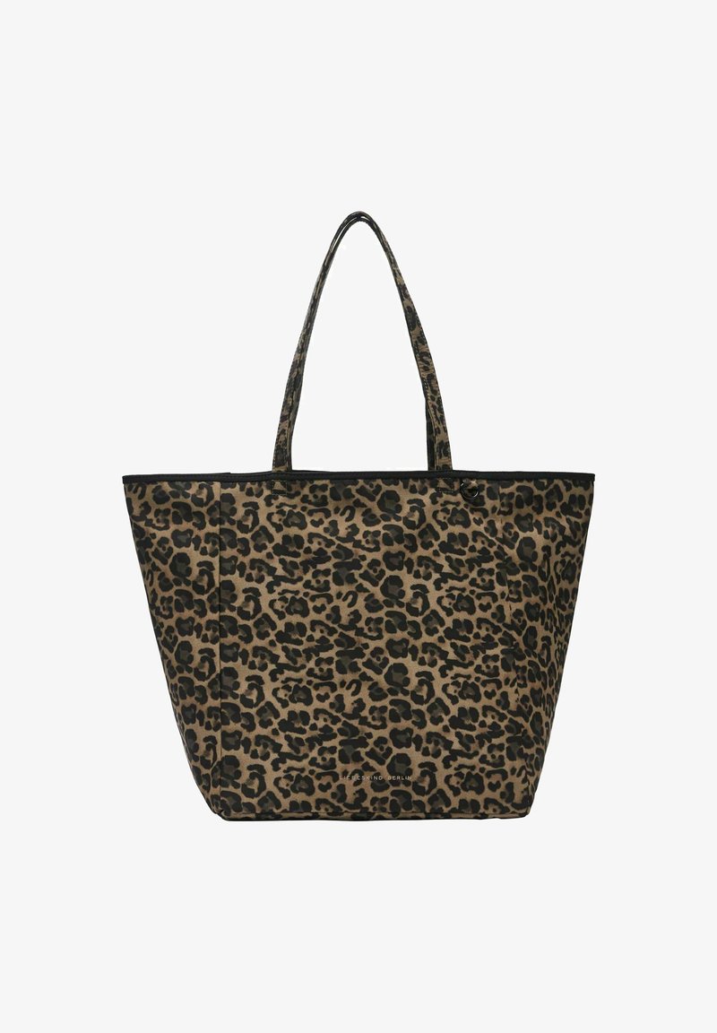 Leopard-Print Einkaufstasche in Braun und Schwarz, mit stabilen Griffen, rechteckiger Form und einem strukturierten Canvas-Material.